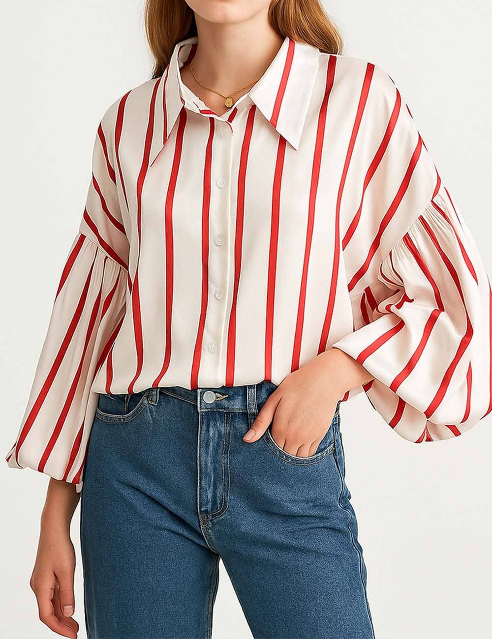Sweetkama – wholesale Buttoned-down shirt – Women's – Ladies Striped Puff Sleeves Button Shirt SP0680