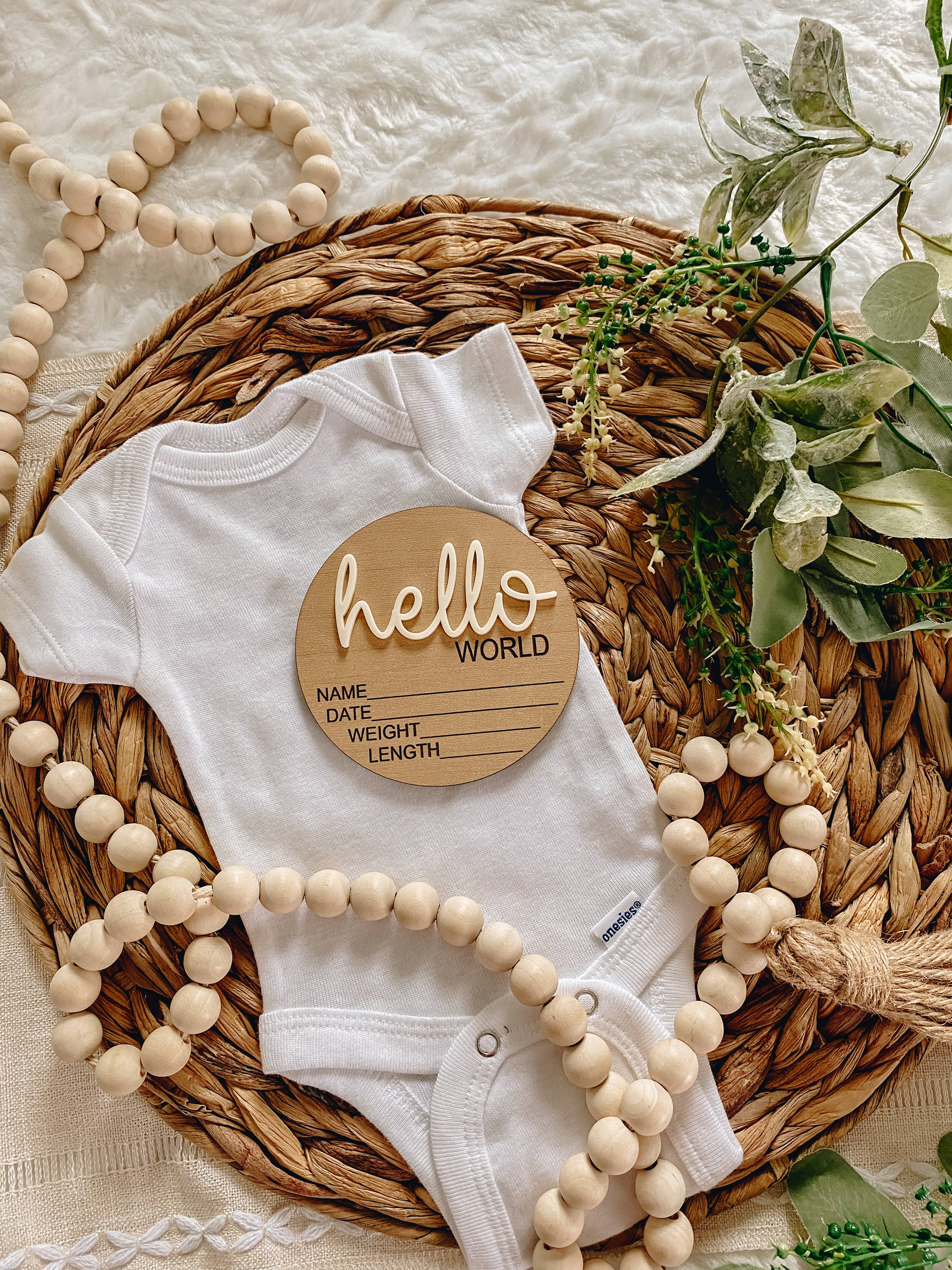Claire and Bella - Wholesale Milestone Art/Keepsake - Kids & Baby - Hello World Birth Stat Announcement Wood Disc - Layered 3D3