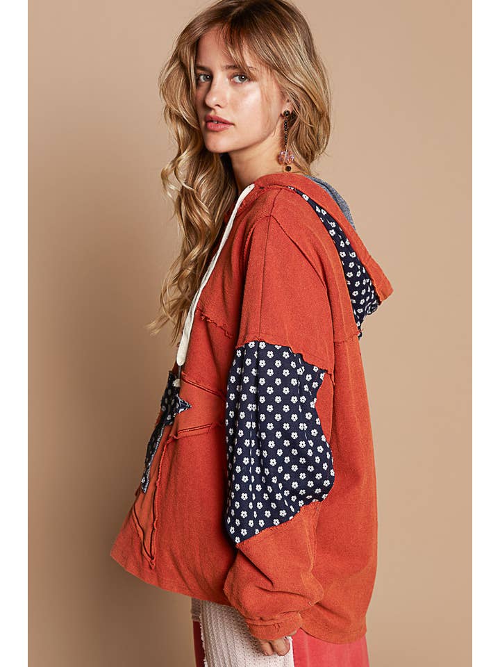 Pol Clothing - Wholesale Hoodie - Women's - Star patch-work frayed edge french terry hoodie SALE