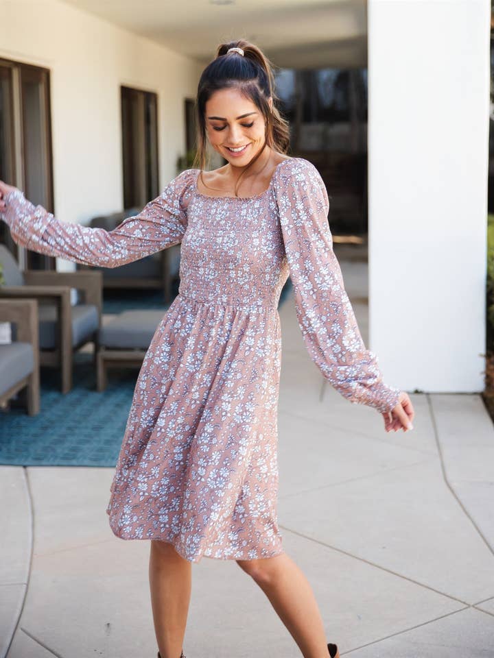 Tickled Teal – wholesale Dress – Women's – Smocked Square Neck Long Sleeve Triana Dress4