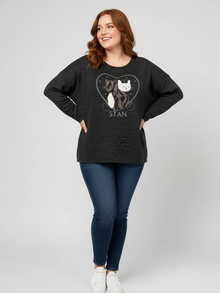 Plus size black sweater with cat pattern (T9818A) for wholesale by Pomme Rouge Paris