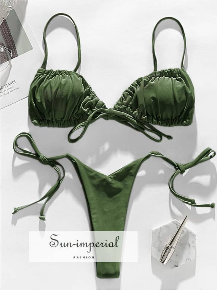 Bikini da donna tinta unita verde increspato con cravatta anteriore alta per la vendita all'ingrosso da parte di Sun Imperial