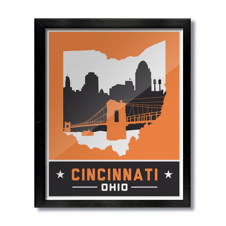 Orange and Black Cincinnati Skyline Print for wholesale by D&W Elements