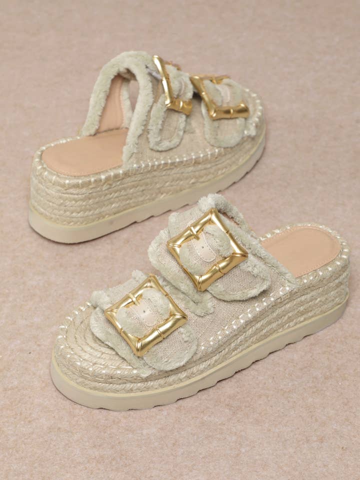 BEIGE SCARLETT DISTRESSED EDGE DOUBLE STRAP WEDGE SANDAL for wholesale on Faire