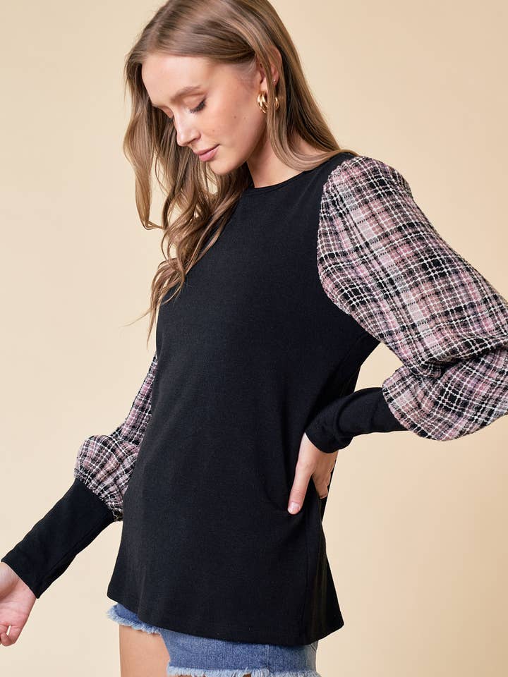 Plaid Sleeve Knit Top - 42514T for wholesale by Doe and Rae