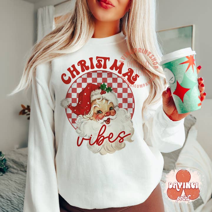 Sudadera retro Christmas Vibes, regalo navideño con cuello redondo para venta al por mayor de Dm Crafting