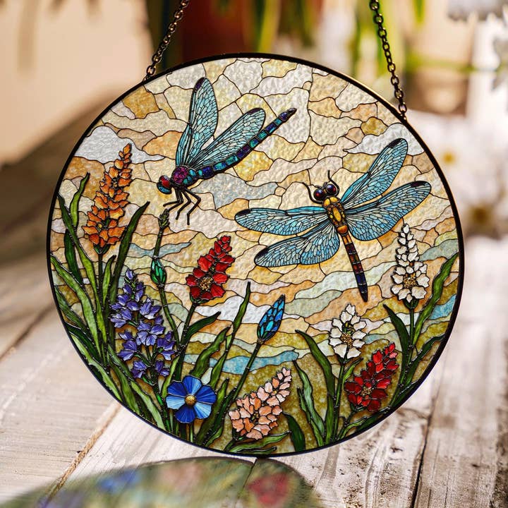 NVC Ecommerce LLC - Wholesale Suncatcher - Dragonflies and wildflowers round suncatcher, gift for mom0