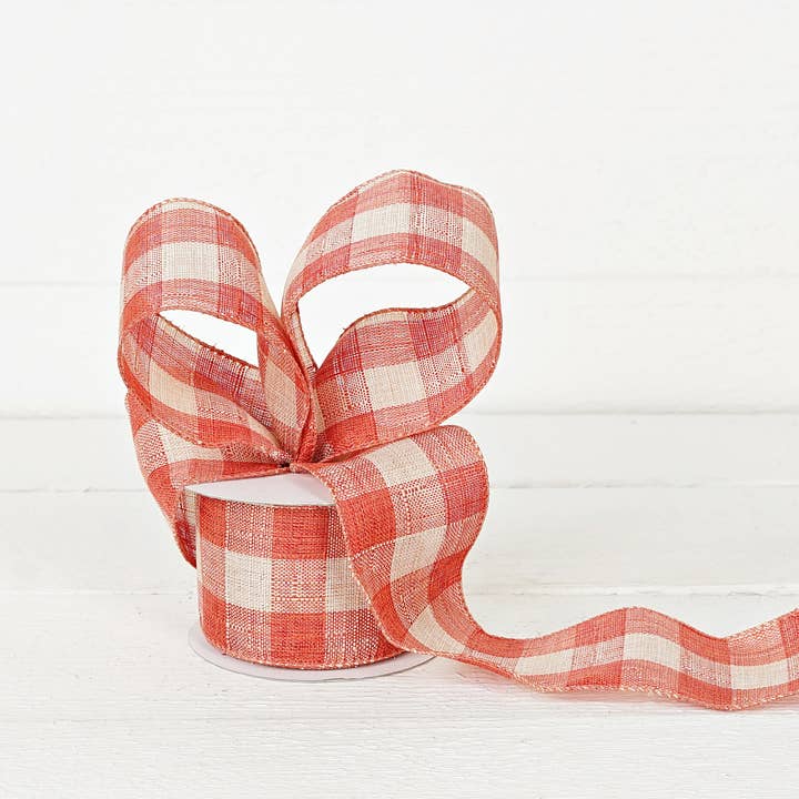 R32910-Wired Ribbon-Fabric-Orange/Cream Gingham (2.5inW) for wholesale by Impressive Enterprises, Inc.