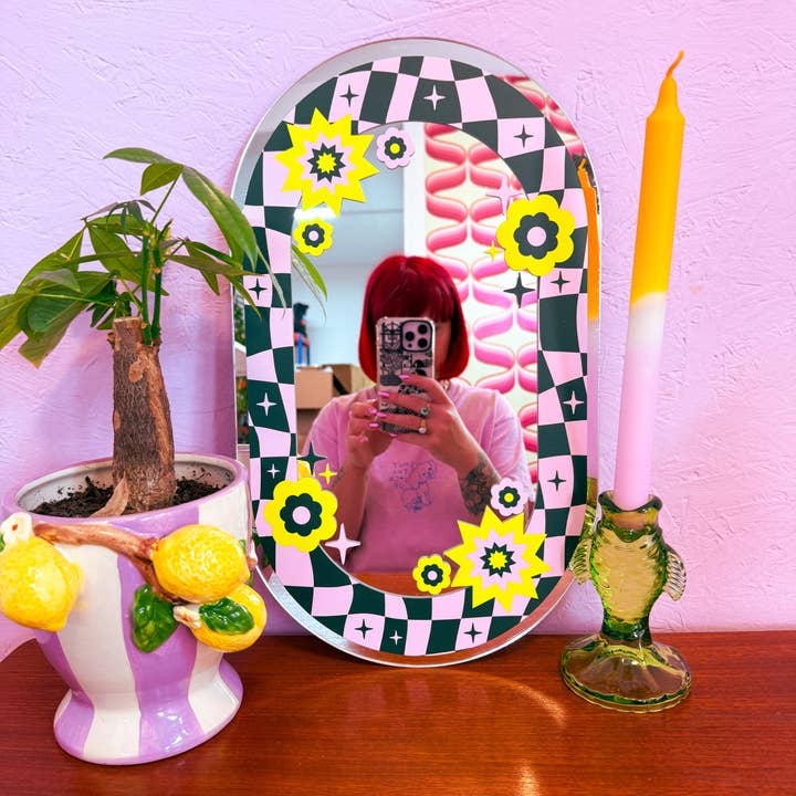 Printed Weird – wholesale Wall mirror – Oval Floral Check Mirror - Teal & Pink1