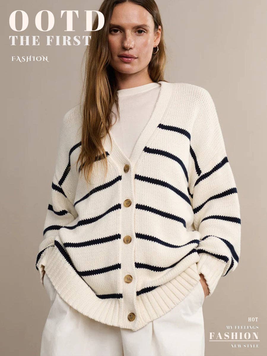 Marayn - Vente Cardigan – femme - Cardigan tricoté à rayures femme, mode européenne automne 20254
