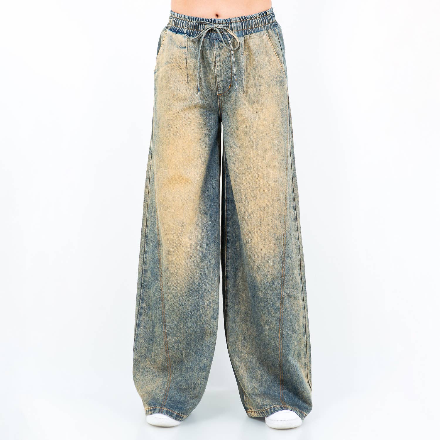 American Bazi – calças de ganga - Mulher por atacado – Calças Jeans de Perna Larga com Cós Elástico - RJH59855