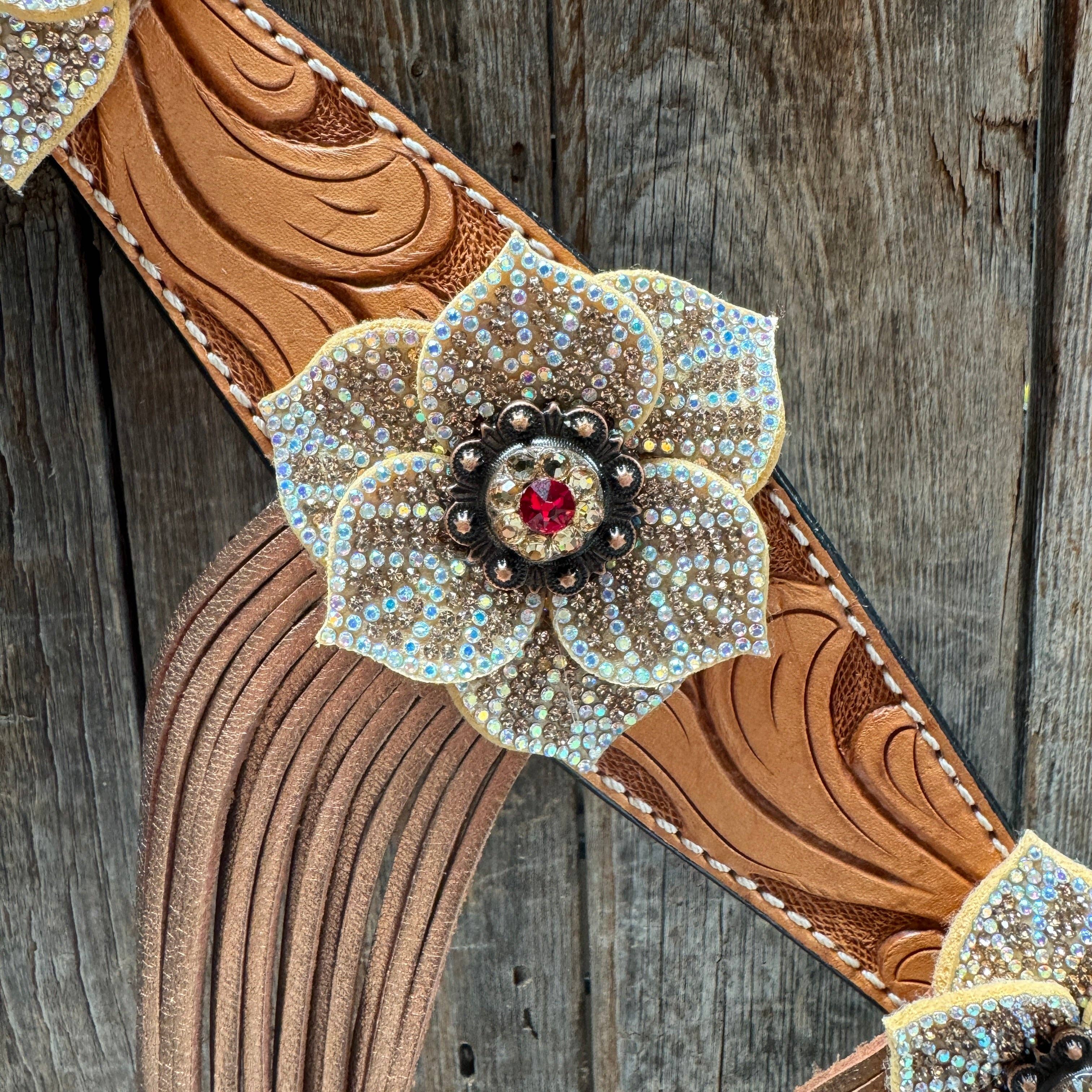 Rodeo Drive - Wholesale Horseback Riding Gear - Light Oil Floral Tooled Ruby and Champagne Browband & Breastcollar Tack Set #BBBC4617