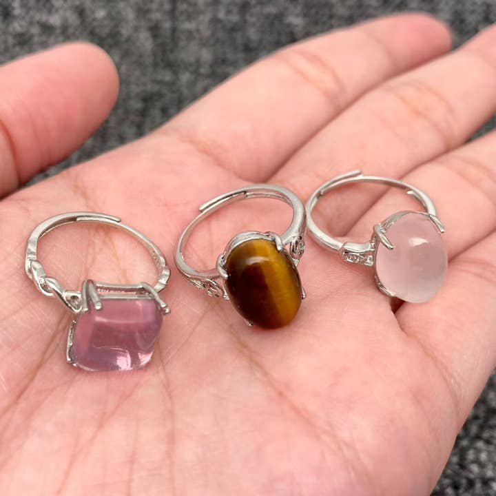 Mio Queena - Wholesale Single Stone/Solitaire Ring - Natural Crystal Fluorite/Tiger's Eye/Rose Quartz Rings - CS