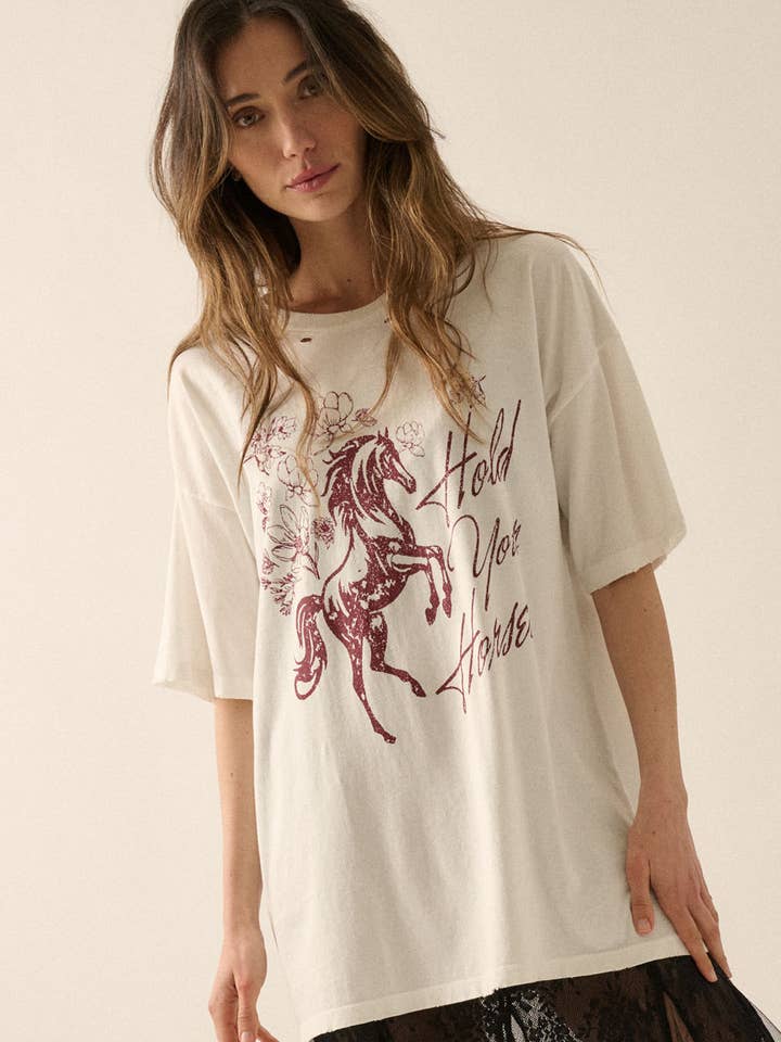 Hold Your Horses Distressed Oversized Graphic Tee for wholesale by Promesa USA