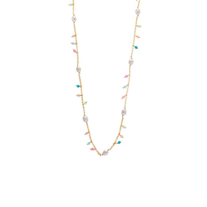 Pearl & Triad Colorful Rondel Station Necklace for wholesale by Loffie Jewelry