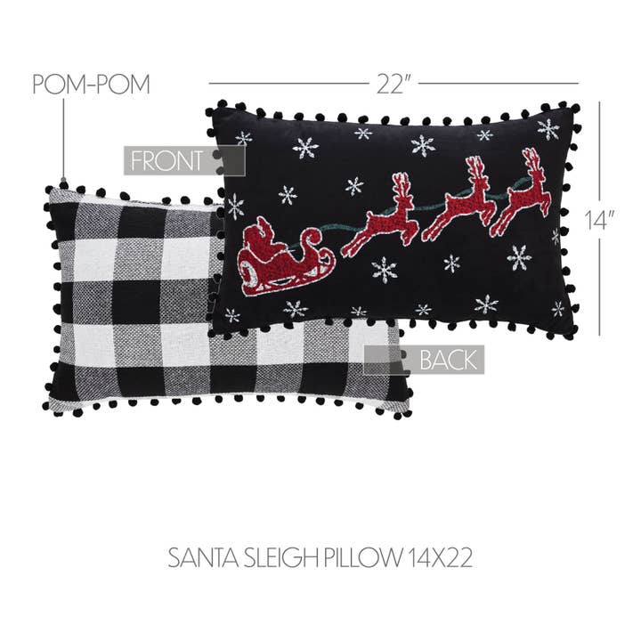 VHC Brands - Wholesale Throw/Decorative Pillow - Annie Black Check Santa Sleigh Pillow 14x223