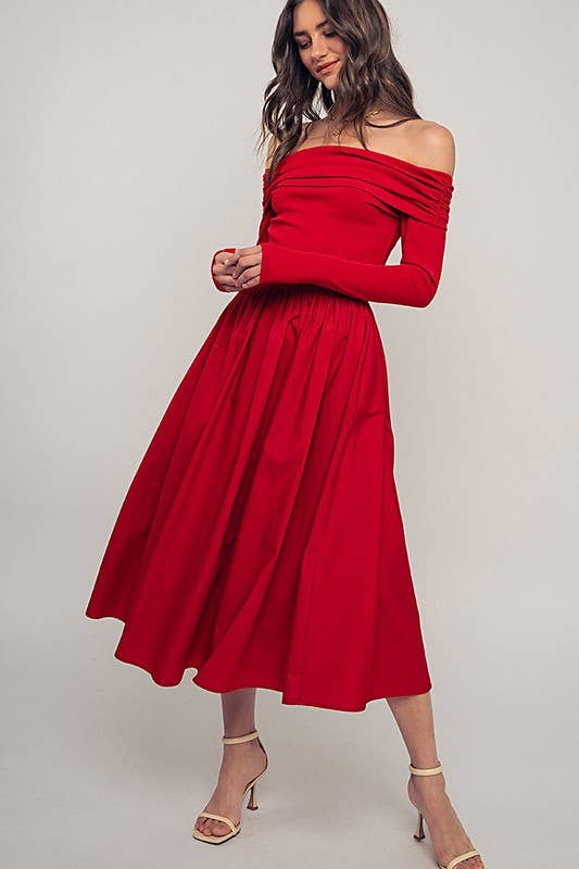 Urban Daizy - Wholesale Dress - Women's - Elegant Off Shoulder Ruched Long Sleeve Spring Midi Dress6
