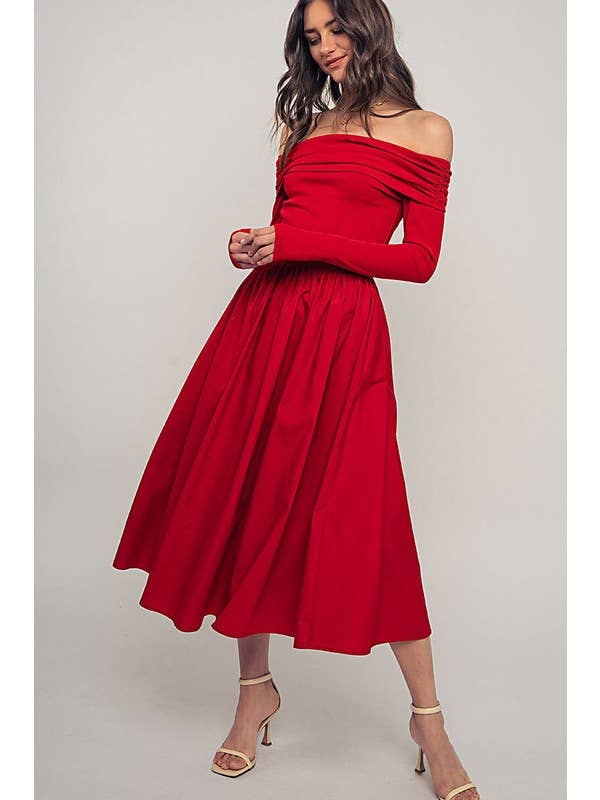 Urban Daizy - Wholesale Dress - Women's - Elegant Off Shoulder Ruched Long Sleeve Spring Midi Dress5