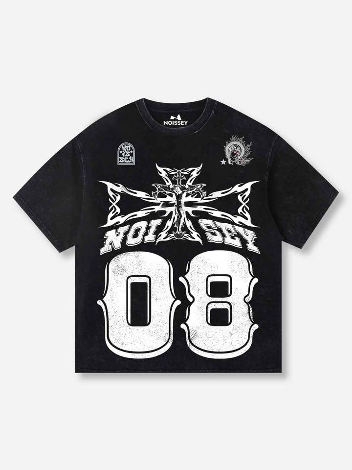 08 Street Flame Cross Black Wash Print T-shirt for wholesale by NOISSEY