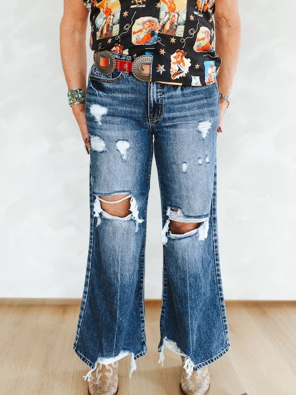 Mellemvaskede slidte mid-rise brede ben flossede jeans 30 tommer for engroshandel hos LUCKY & BLESSED