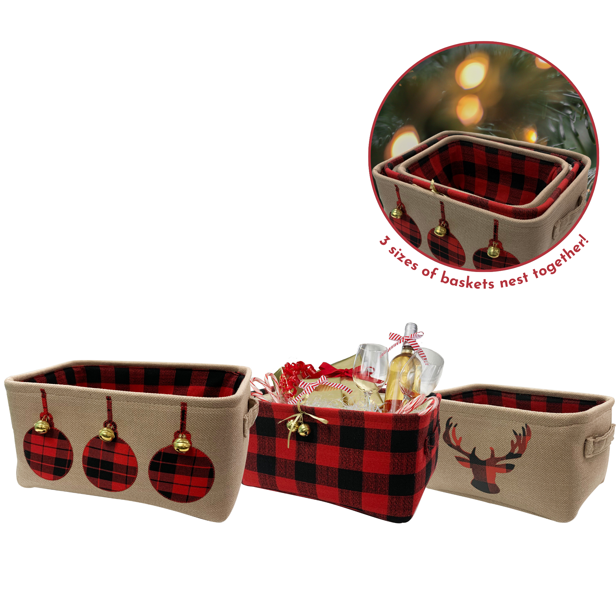 RCS Gifts - Wholesale Basket - Assorted Nesting Holiday Baskets - Canvas and Plaid1