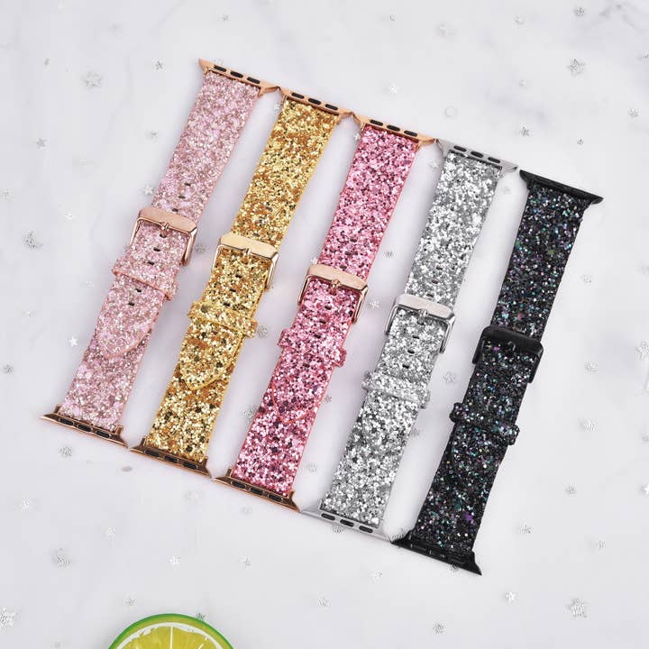 ShopTrendsNow – Großhandel Uhrenarmband – Damen – Glänzendes Glitzer-Leder Apple Watch Partyband Silvester