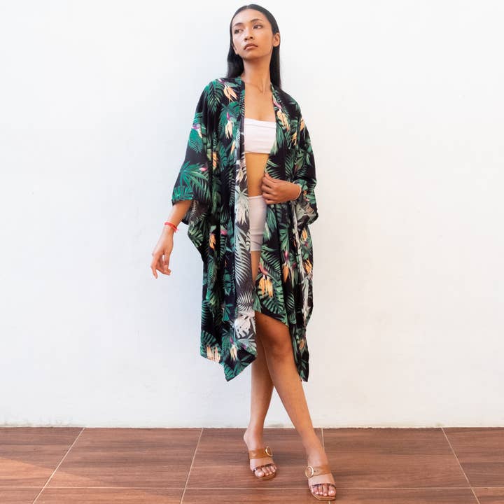 Block Print Short Kimono (Tropical Night) Bikini Cover Up for wholesale by Bali Harvest