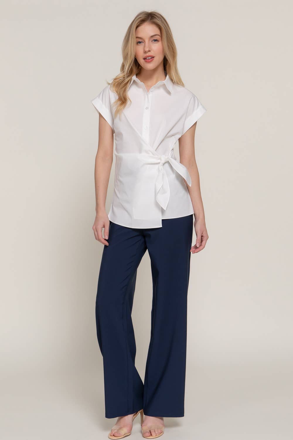 Active Basic | Active USA - Wholesale Button Down Shirt - Women's - Short Dolman Sleeve Button Down Side Knot Poplin Shirt18