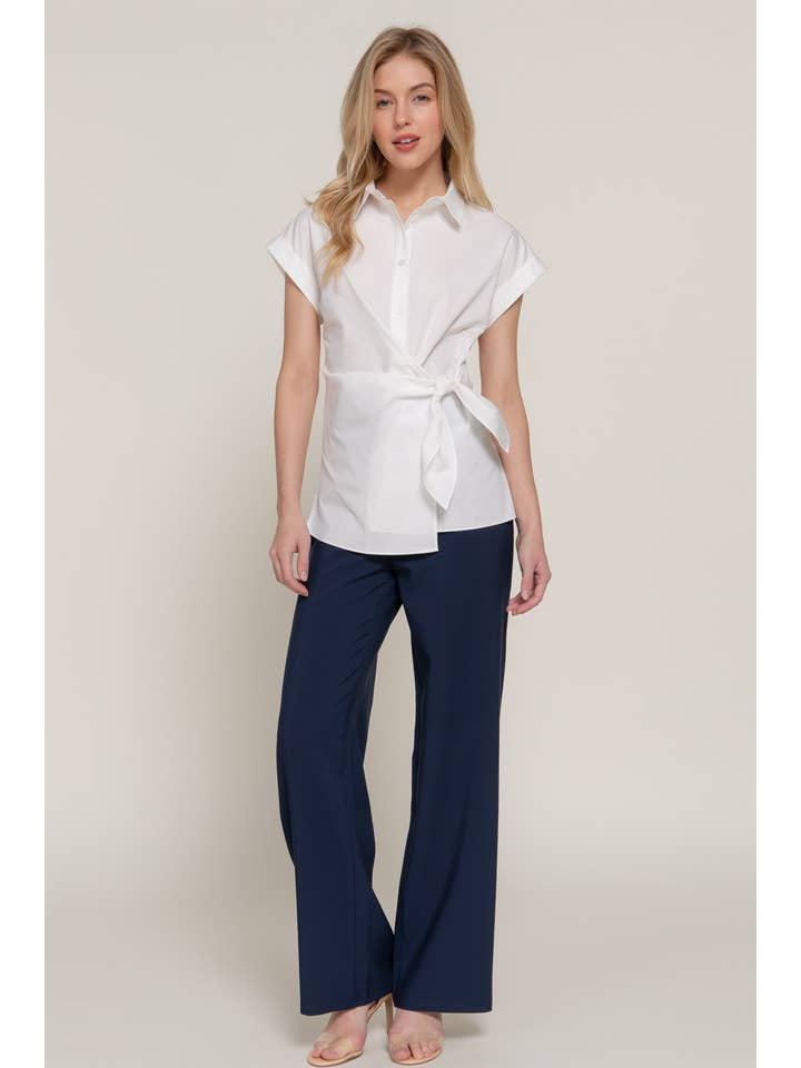 Active Basic | Active USA - Wholesale Button Down Shirt - Women's - Short Dolman Sleeve Button Down Side Knot Poplin Shirt18