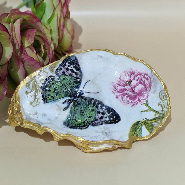 Green Butterfly Rose Flower Oyster Shell Trinket Dish for wholesale by Bee my Oyster