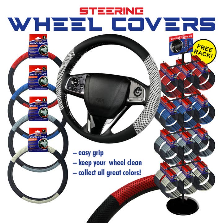 72pc Steering Wheel Cover Display for wholesale by Deluxe Import Trading