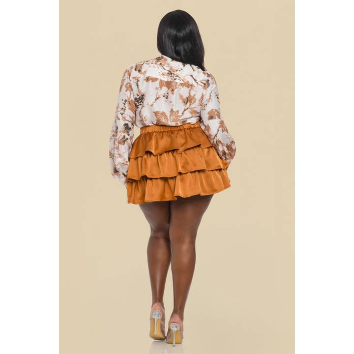 The Sang - Wholesale Top & Skirt Set - Women's - PLUS PRINT TIE NECK BLOUSE SOLID RUFFLE SKIRT SET3