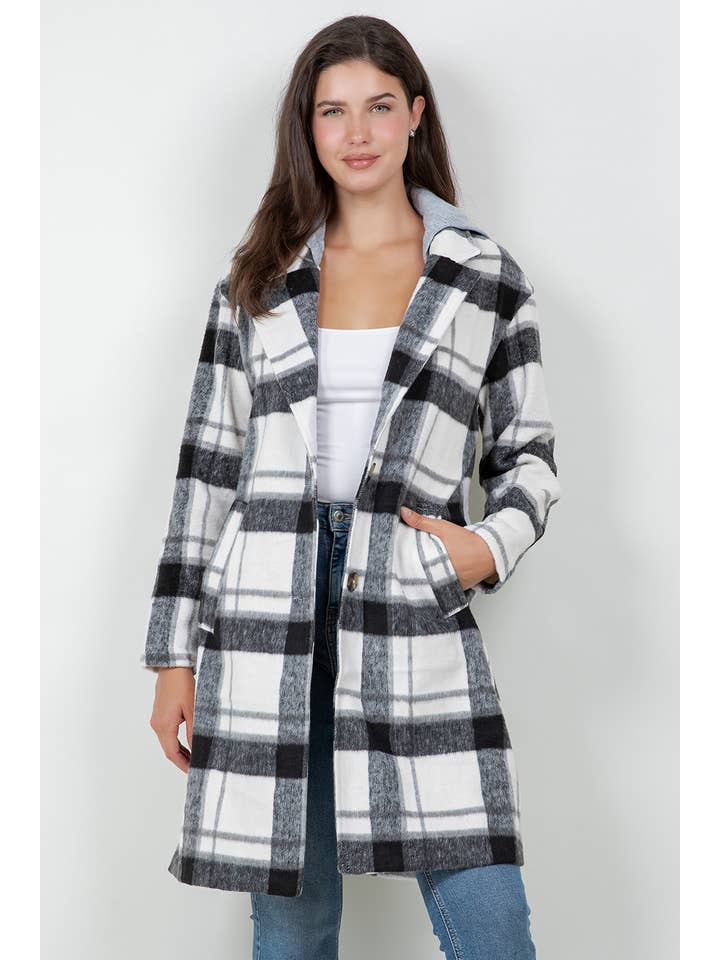 Veracci - Wholesale Coat - Women's - Oversized Woolen Plaid Coat / Jacket with detachable Hood0