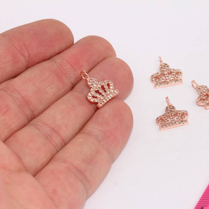 12x15mm Rose Gold Plated CZ Queen Crown Charms, ZRCN829 for wholesale by QueenJewelryM