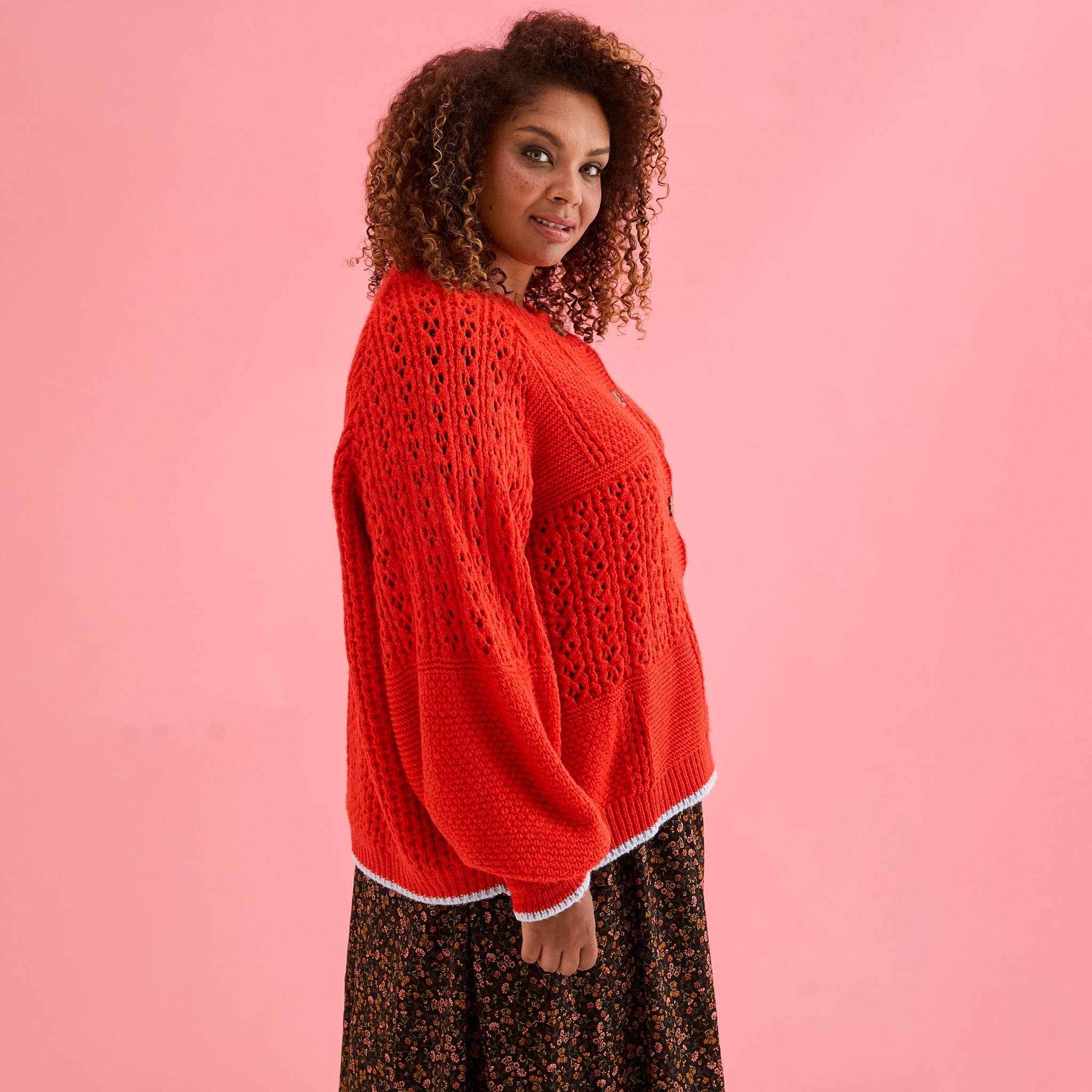 Cara & The Sky - Wholesale Cardigan - Women's - Brigit Pointelle Stitch Balloon Sleeve Cardigan - Orange3