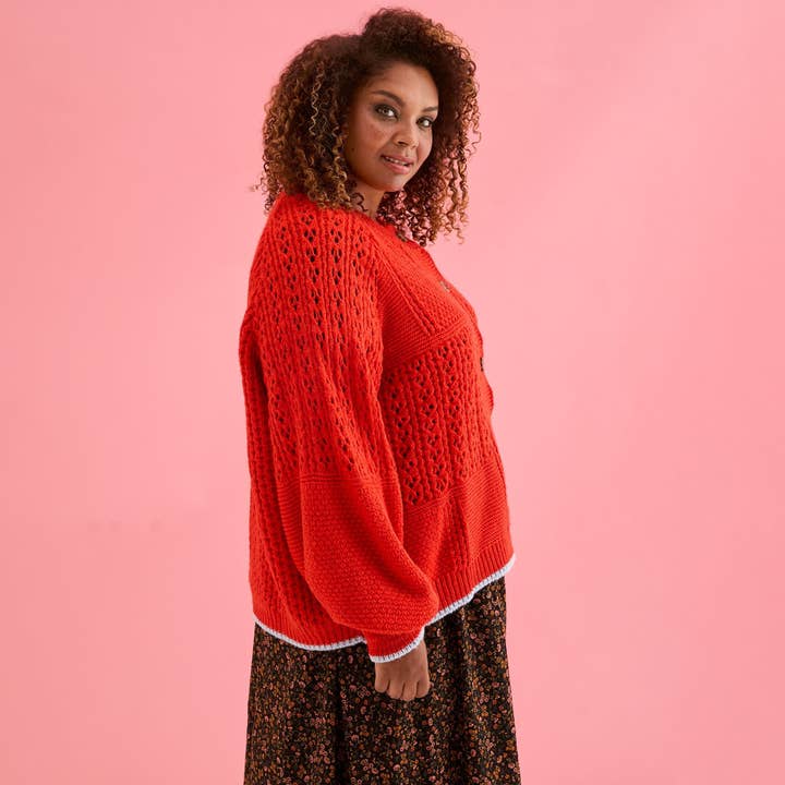 Cara & The Sky - Wholesale Cardigan - Women's - Brigit Pointelle Stitch Balloon Sleeve Cardigan - Orange3