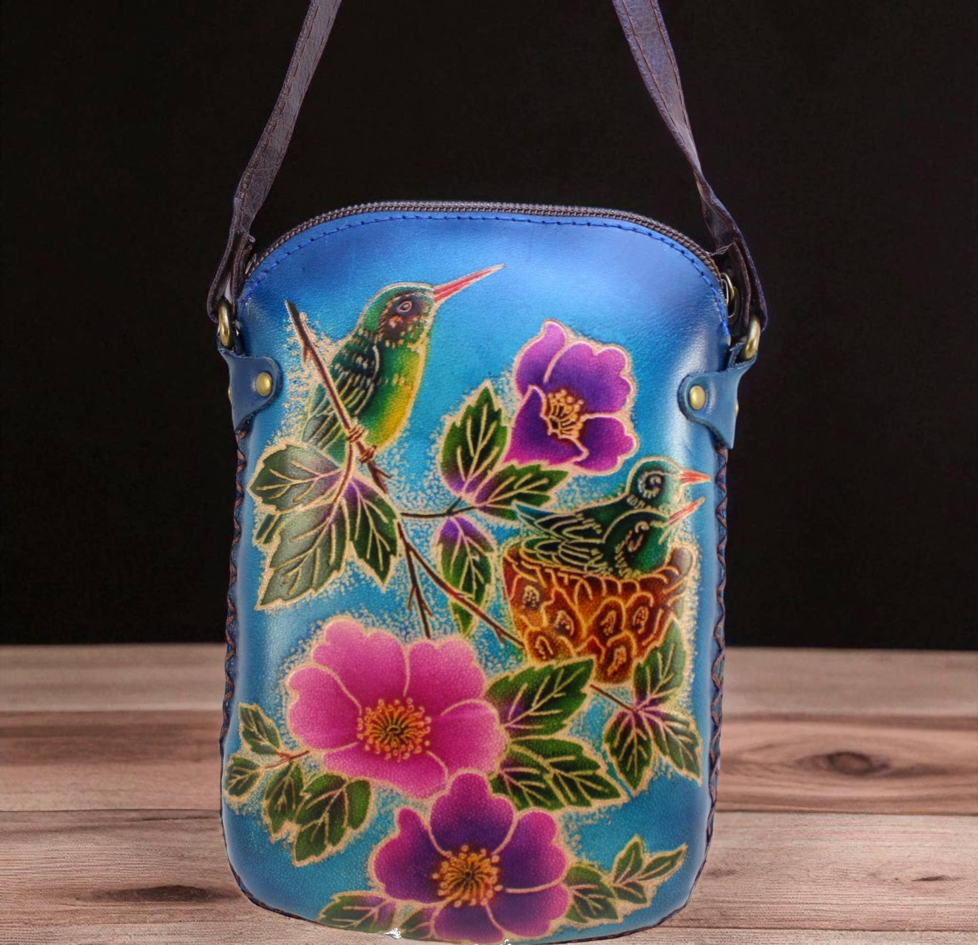 Sunflower Handmade leather inc – wholesale Crossbody bag – Women's – leather Hummingbird Pouch purse handbag crossbody-blue2