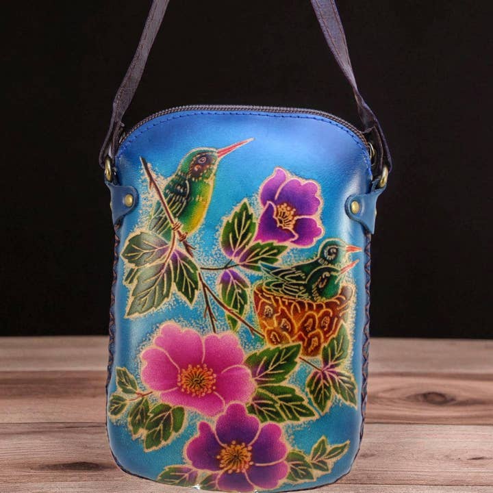 Sunflower Handmade leather inc – wholesale Crossbody bag – Women's – leather Hummingbird Pouch purse handbag crossbody-blue2