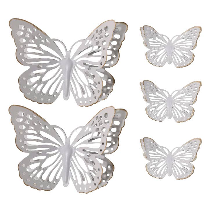 ShopBobbys - Venta al por mayor Papel pintado 3D - Juego de decoración de pared PREMIUS de metal con mariposas de 5 piezas, blanco-dorado, (3) 6 pulgadas, (2) 12 pulgadas