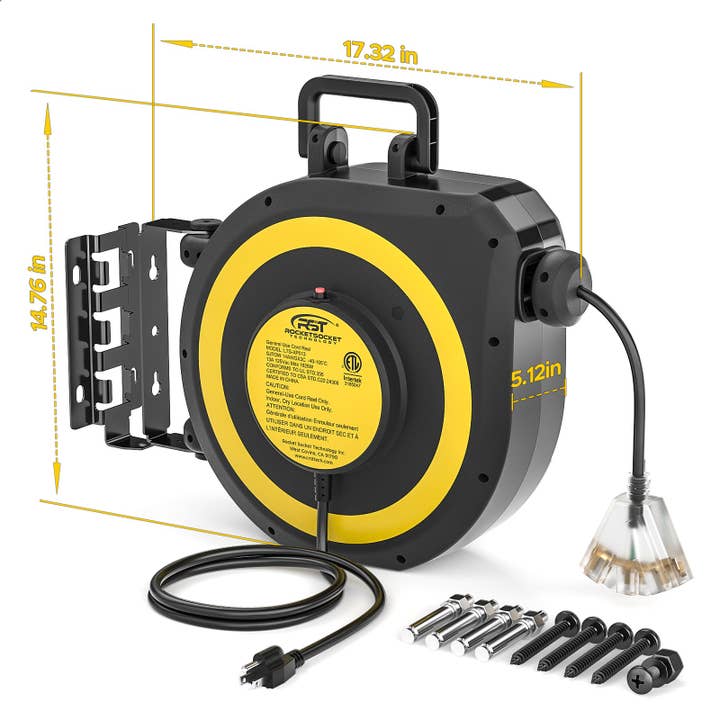 CRST 14AWG 50FT Retractable Cord Reel, Lighted Triple Tap, 13A Circuit Breaker, 180° Swivel, Auto Retraction, UL Listed, 36-Month Warranty for wholesale by Rocket Socket Technology