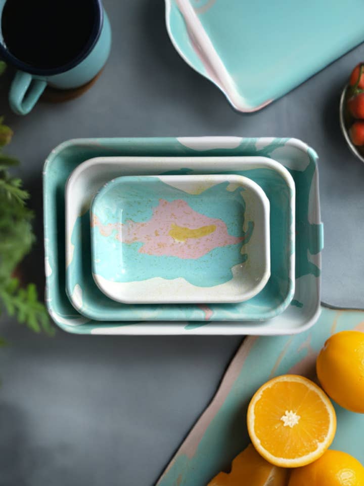 Set Unico di Piatti Rettangolari da Portata e da Arrosto in Smalto a 3 Pezzi per la vendita all'ingrosso da parte di Rozi