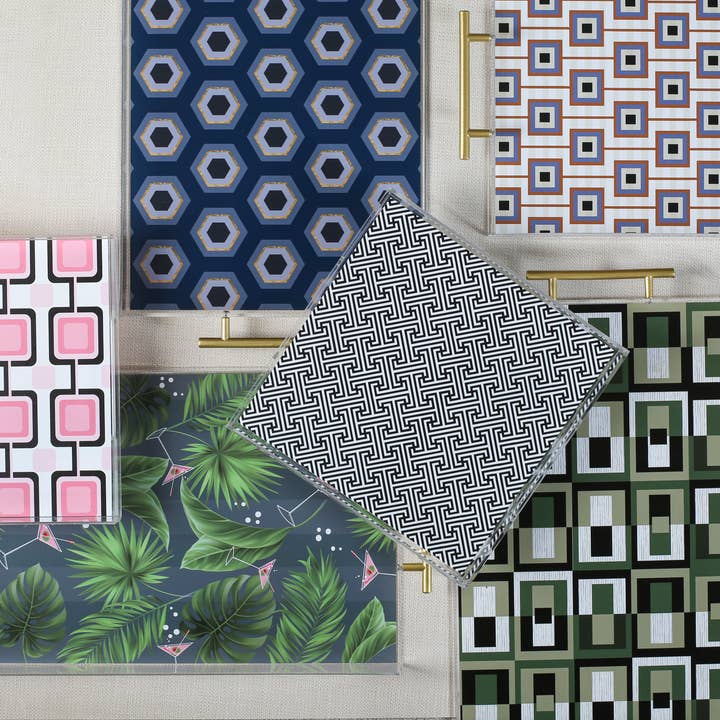 Mod Lounge Paper Company - Wholesale Decorative Tray - Squares Unaligned Rectangle Acrylic Tray with Gold Handle