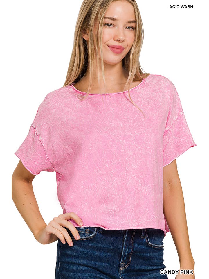 42POPS - Wholesale Knit Top - Women's - ,, SI-27489 Washed Crew Neck Crop TShirt