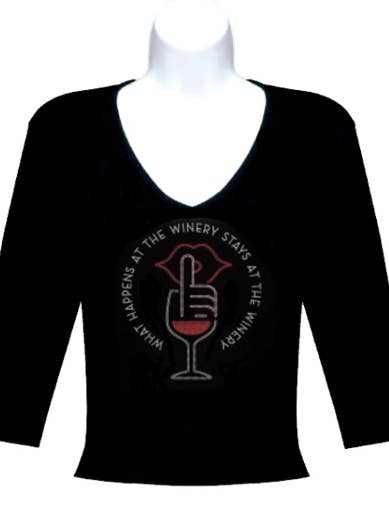 Chris’s Stuff Inc. - Wholesale Screen Printed T-Shirt - Women's - What Happens...Rhinestone 3/4 Sleeve