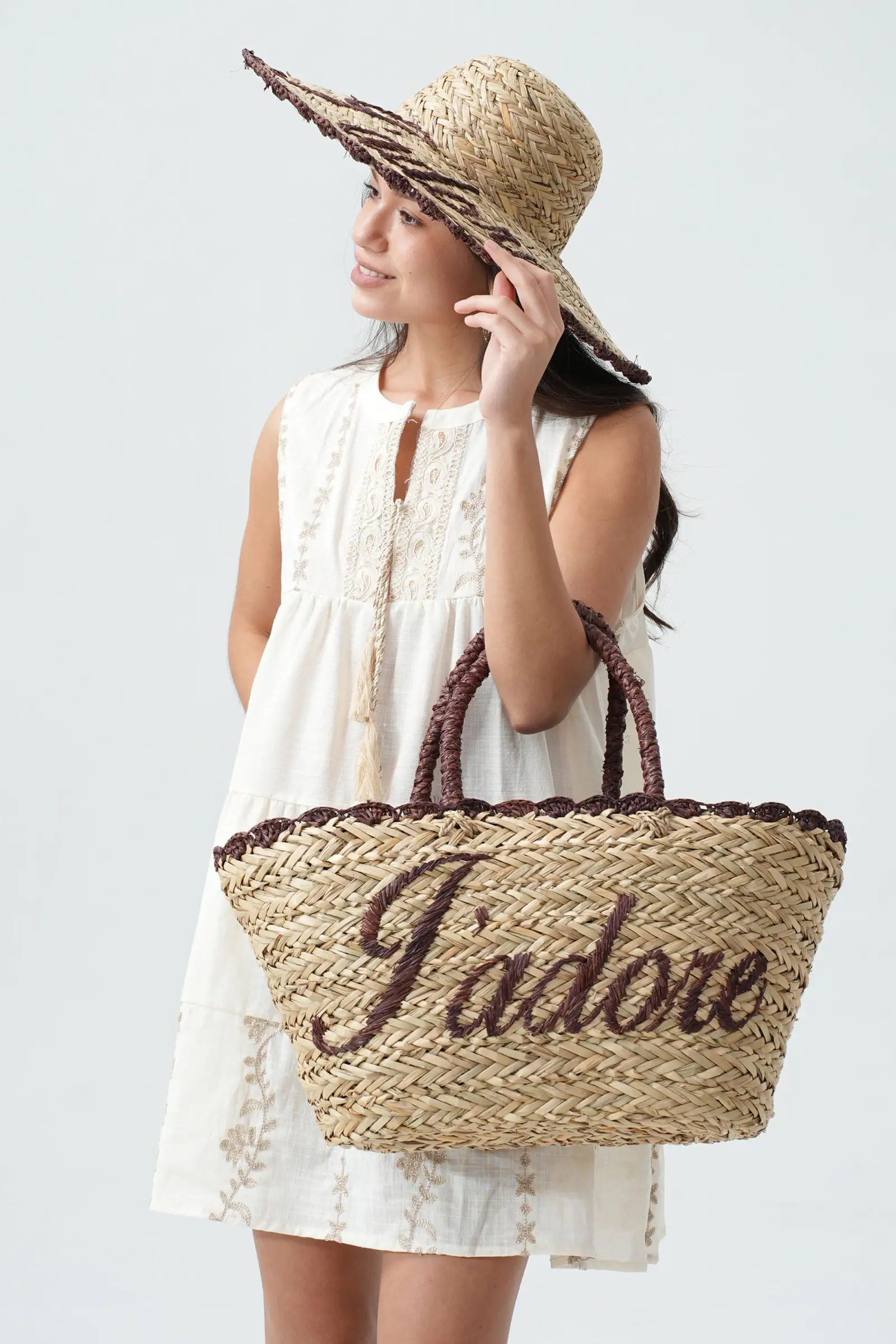 PHANIE MODE – Chapéu de palha – Mulher por atacado – Chapéu de palha com bordado I Love H292571