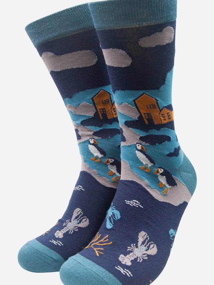 Teal Men's Coastal Scene Print Bamboo Socks for wholesale by Sock Talk