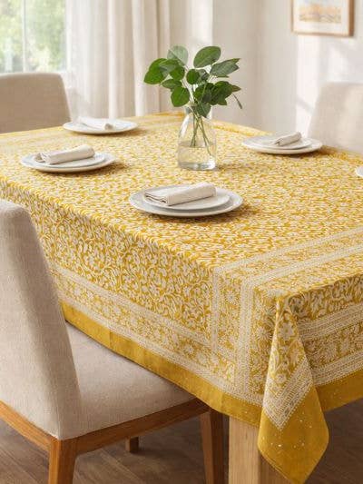 Marigold Tablecloth - Mustard Yellow Hand-Blocked Printed for wholesale by Atolia Designs