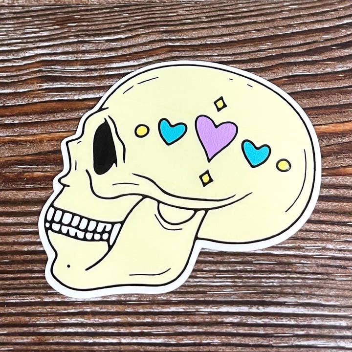 Skull w Pastel Hearts, Die Cut Vinyl Sticker, Boho Fun, Water Resistant, Halloween Spooky Fall |Sticker or Magnet for wholesale by Handmade by Marlayna