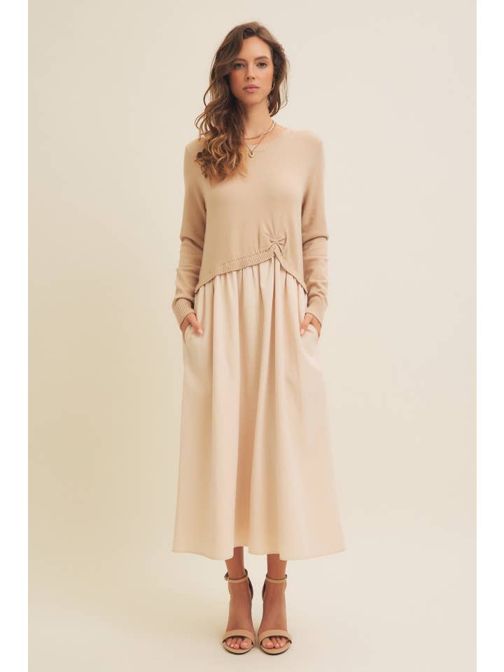 in february - Wholesale Dress - Women's - MIXED MEDIA TWOFER SWEATER MIDI DRESS