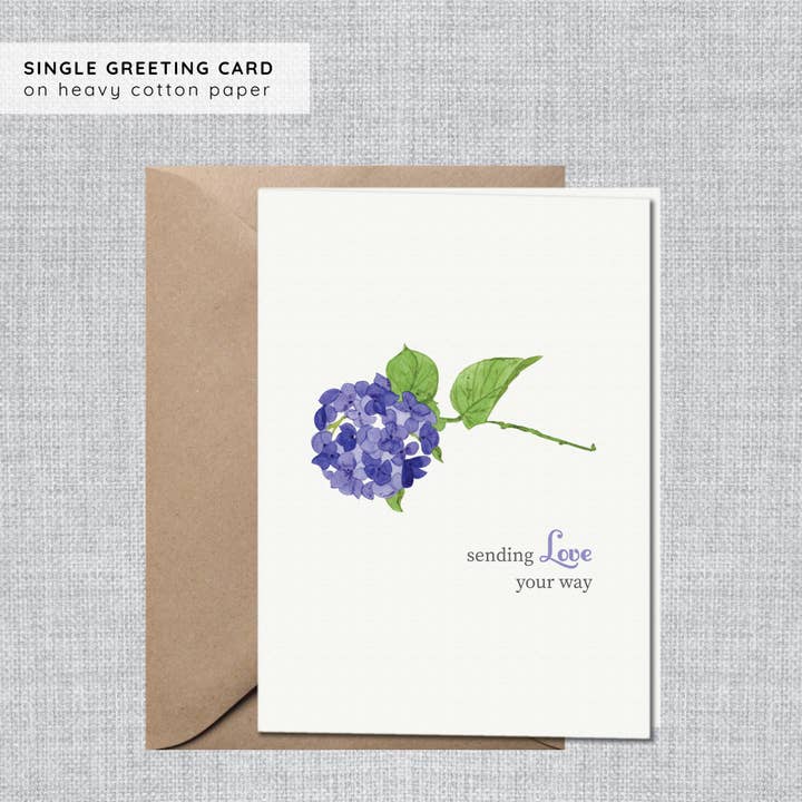 Hortensia Tænker på Dig Kort | Blomsterkærlighed Kort | Medfølelse for engroshandel hos Gina Maher | Watercolor